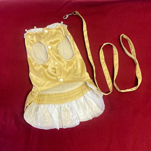 Ruffle Gold Dog Dress Matching Leash Formal Pearl Studded Bow Accent Pet Wedding - Picture 4 of 13